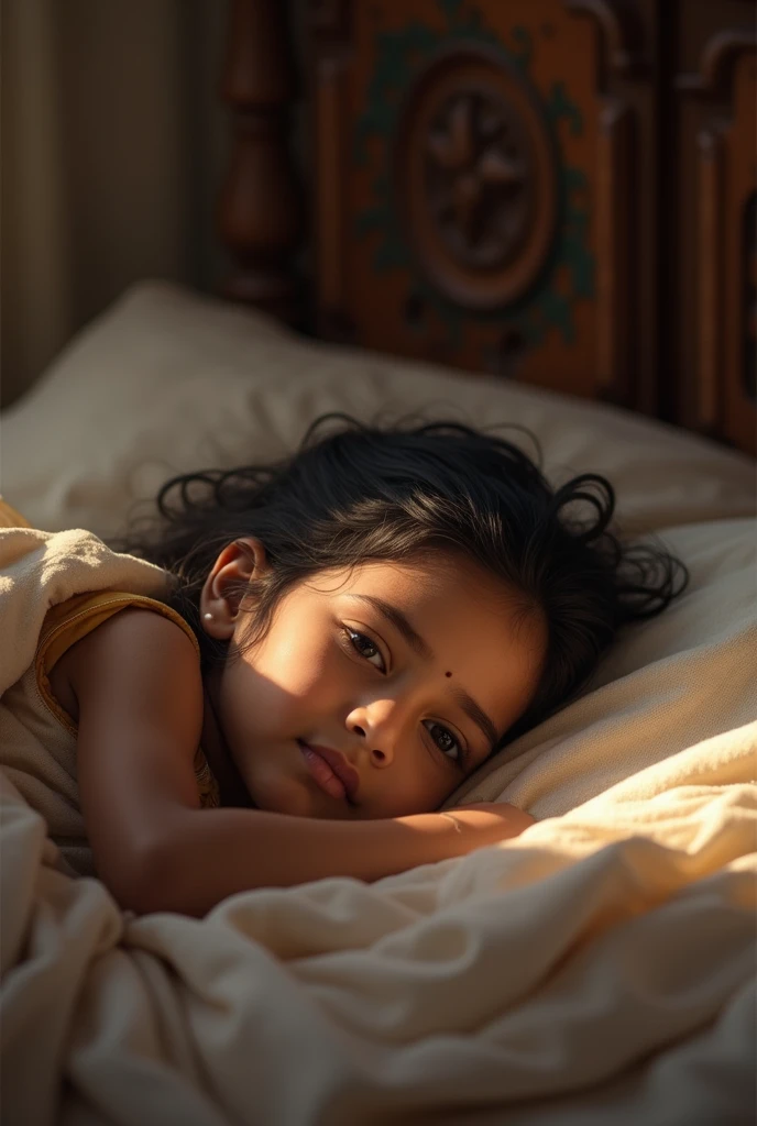 A child saying a prayer on his knees on the edge of the bed