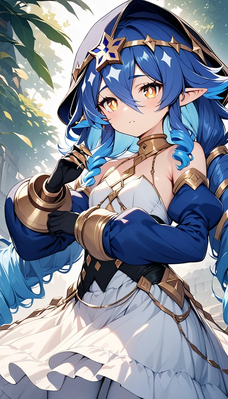 layla, layla, long hair, bangs, hair between eyes, very long hair, blue hair, (yellow eyes:1.3), sidelocks, pointy ears, drill hair, twin drills, (bright pupils:1.5), white pupils, drill locks,
BREAK gloves, long sleeves, bare shoulders, jewelry, pantyhose, detached sleeves, black gloves, puffy sleeves, hood, juliet sleeves, hood up, white pantyhose, claw ring,
BREAK outdoors,
BREAK looking at viewer, (cowboy shot:1.5),
BREAK (masterpiece:1.2), best quality, high resolution, unity 8k wallpaper, (illustration:0.8), (beautiful detailed eyes:1.6), extremely detailed face, perfect lighting, extremely detailed CG, (perfect hands, perfect anatomy),