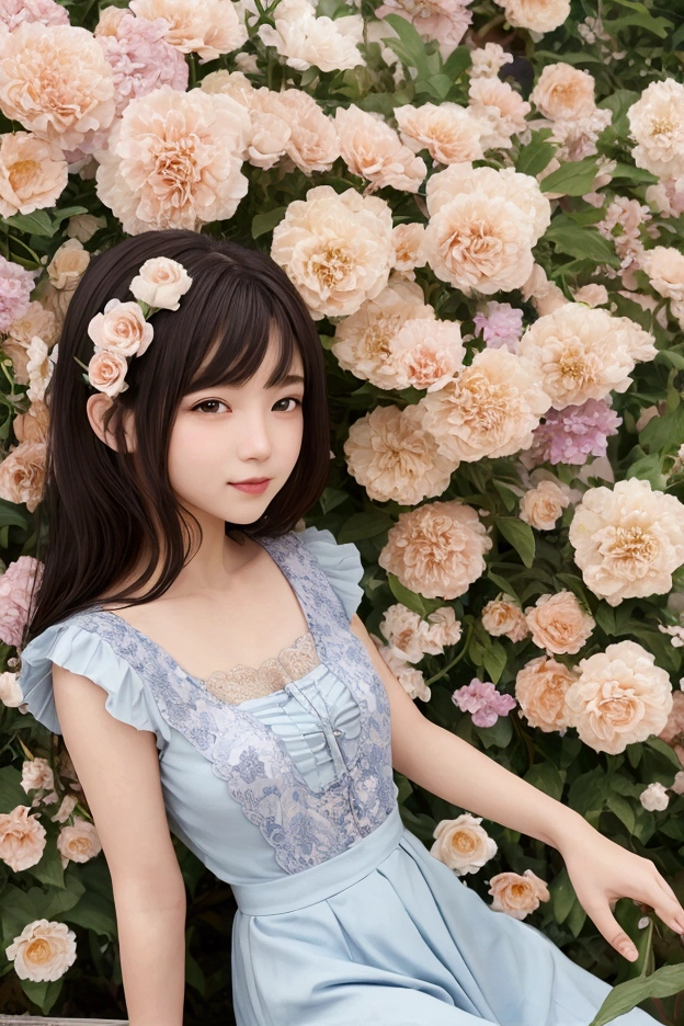 20 years old, twilight rays, wedding dress, flower crown, ((Tokugawa-en)), hydrangea fore bokeh, strong background bokeh, photorealistic, surrounded by colorful hydrangeas, background dark, looking at heaven with closed eyes, smiling, (1 girl), (sunset: 1.3), (8k, raw photography, best quality, masterpiece: 1.2), (realistic, photorealistic: 1.37), Best Quality, Ultra High Definition, (Focus Plane:1.8), (Portrait: 1.7), (Details:1.1), (Highest Quality), (Analog:1.2), (High Sharp), (Summer Dress:1.4), (Standing in a Flower Garden:1.3), (Bright and Colorful:1.3)