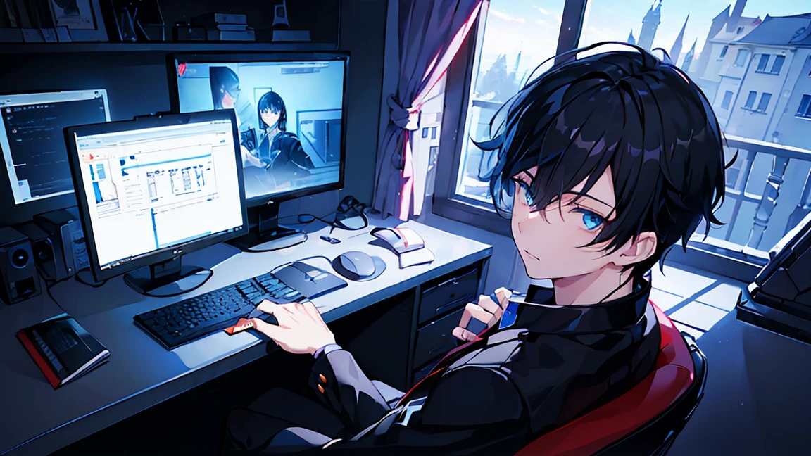 (tmasterpiece, Far plan, amazing quality, A highly detailed, Young guy, black hair, blue eye, shadows under the eyes, Focused gaze, sitting at a table, keyboard, computer, Dark background, twilight) nightm teenage boy doing personal broadcasting, Navy, Blue-haired, blue eyes