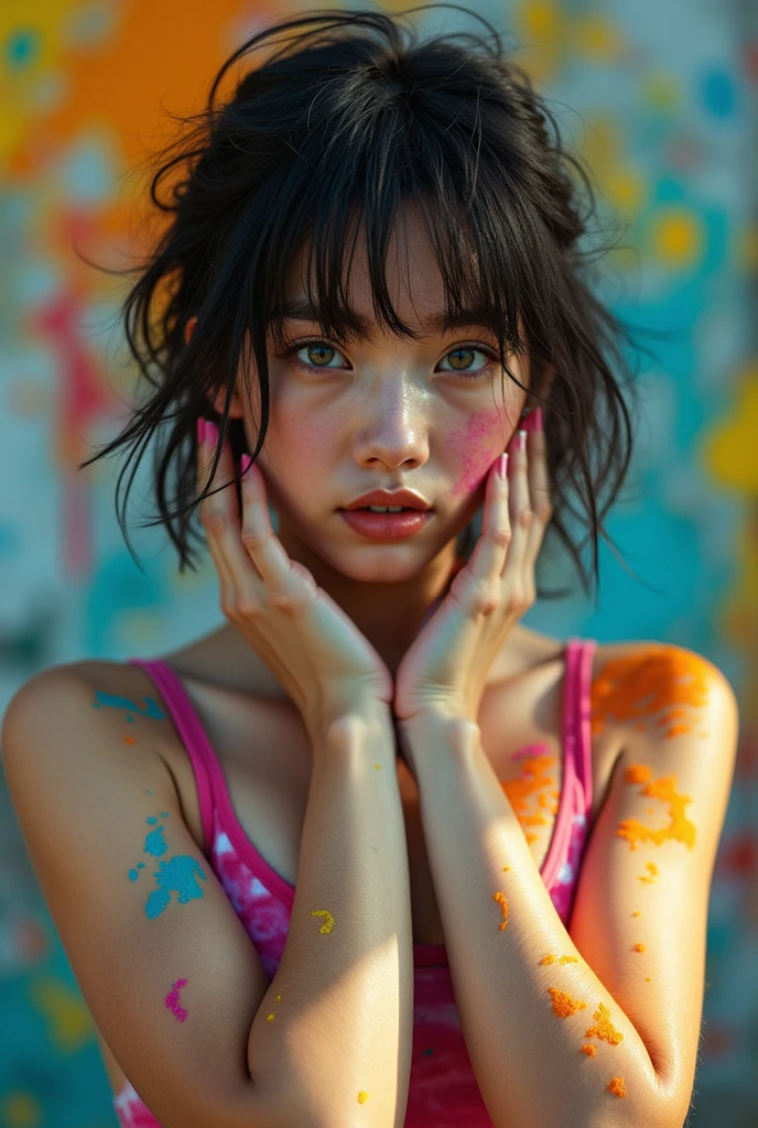 Create a realistic UHD 8K image of a young korean woman with large chest in a playful and creative pose. She holds a palette of paint in one hand. she has paint splatters on her face, neck, and shoulders, giving a artistic vibe. She is wearing a light pink sleeveless top with deep side cuts and wearing light pink lace-trimmed shorts. hairstyled in a loose, casual manner. The background is grafity, focusing attention on the subject. The overall atmosphere should be light hearted and creative, capturing the joy