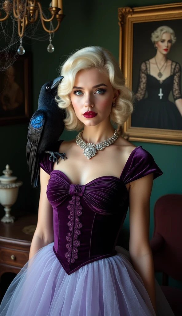 Image of a beautiful blonde woman with blue eyes wearing a low-cut black dress with pink tones with a tattoo that says Blue, a crown on the head, in a dark place sitting with many butterflies as an evil queen 