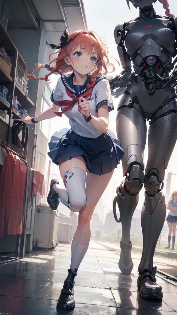 Full Body Shot,Perfect Eyes, Soft Light, high quality, 8k resolution, Masterpiece: Finely textured skin, Attention to detail, 最high quality, Awards, Very detailed, high quality,((Teenage Girls,Student Uniform,High school girl,Body 30％mechanical,Laugh naturally:1.35,The left leg is a prosthetic:1.25,His right arm is a complete prosthetic.,,Prosthetic arms and legs are futuristic,Soft looking lips,Glowing skin,Hair is braided,Hair Accessories,Soft-looking skin:1.25)),100 Meter Sprint:1.25,Running at full speed,I&#39;m good at running,Run with your thighs up,Long distance running,She wears shorts under her skirt:1.25,Raising smoke,Parkour in the schoolyard,Speed,shortness of breath,120%Run with the power of,Carrying a school bag,Sweat dripping all over my body,Wearing shorts under a skirt,汗が飛び散る,汗で髪が濡れてる,顔が赤くなってる