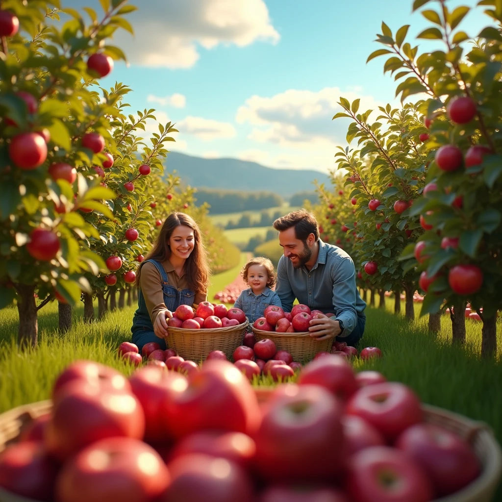 a colorful illustration of a family picking apples on a farm. the father is a handsome man of thirty-seven years old, wearing casual clothing ,similar to Nick Vaughan, blue eyes blonde hair. looking at wife passionately. The wife is a very beautiful blonde and is wearing a flowery dress, and sneakers picking apples. in the background three three year old children toasting their days, twin girls and a boy. happy family