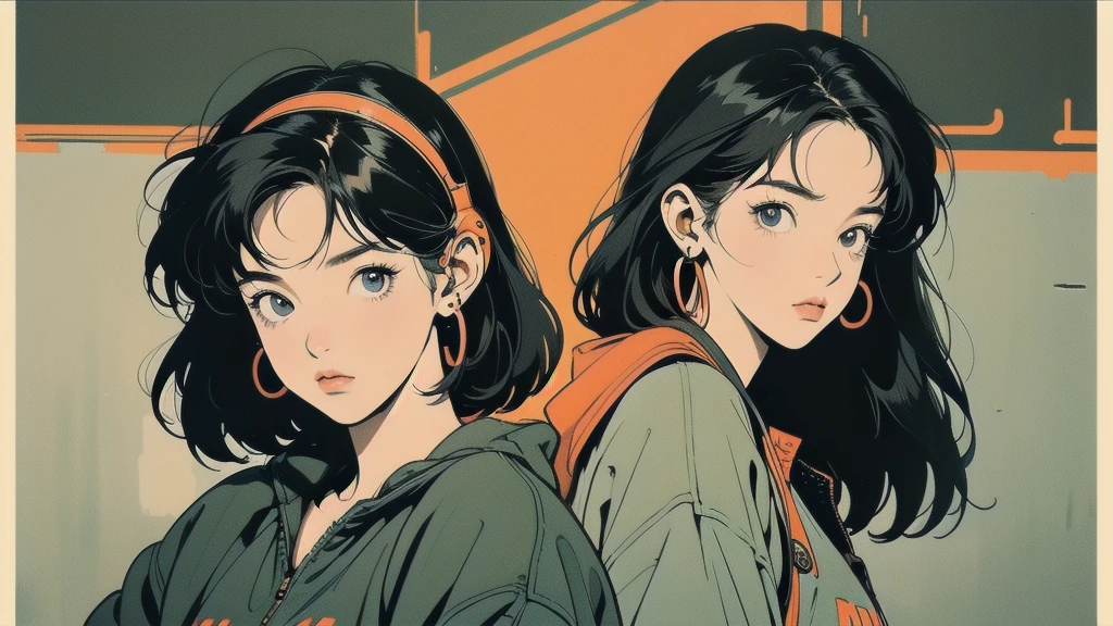 Three girls, line up vertically, hold the first sword, hold the second gun, raise the third fist