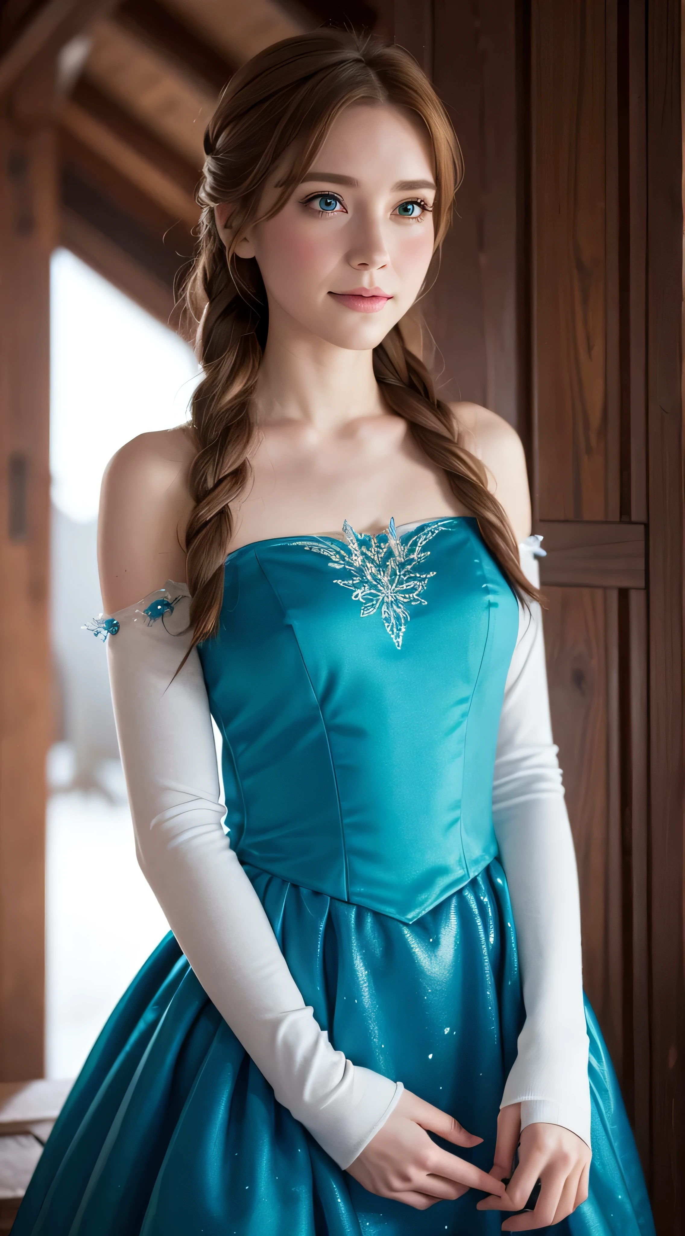 Anna of Arendelle, Anna from Disney&#39;s Frozen, high and sexy, proud face, perfect body, Provocative lingerie, beautiful, show breasts, huge breasts, high, sexy legs, bursting huge breasts, Wide hips, busty, sexy, huge breasts, happy.