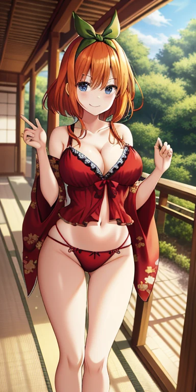 (Masterpiece, Best Quality, High Quality), professional artwork, well drawn, Intricate Details,solo,in village glasses, afternoon , ultra detail hair, ultra detail face, perfect eyes, earring, Looking at Viewer, pink clothes , strapless,off shoulder kimono, cleavage, white thighhighs,  thighs gap,dark orange hair , standing, smile 