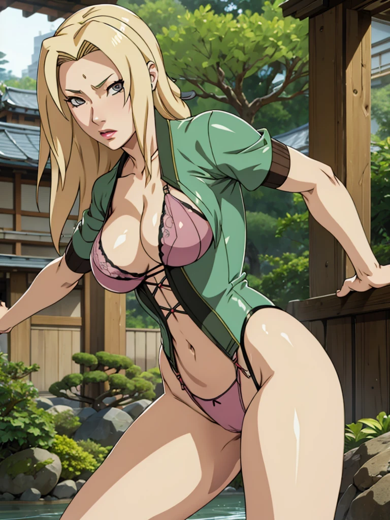 Tsunade, wet blonde, junk, Japanese garden,wearing very tight lingerie that marks the body,liquid coming out between her legs