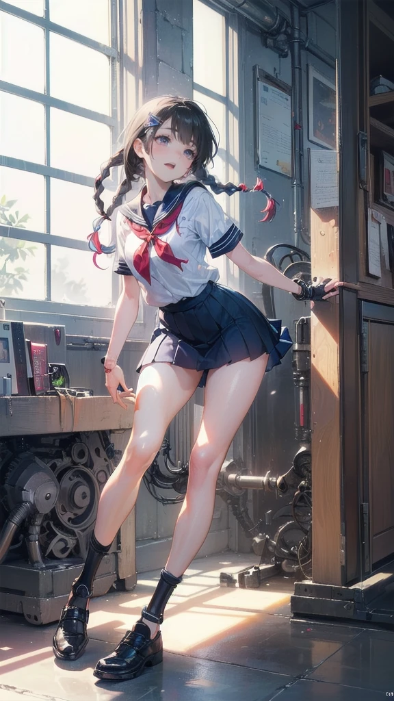 Full Body Shot,Perfect Eyes, Soft Light, high quality, 8k resolution, Masterpiece: Finely textured skin, Attention to detail, 最high quality, Awards, Very detailed, high quality,((Teenage Girls,Student Uniform,High school girl,Body 30％mechanical,Laugh naturally:1.35,The left leg is a prosthetic:1.25,His right arm is a complete prosthetic.,,Prosthetic arms and legs are futuristic,Soft looking lips,Glowing skin,Hair is braided,Hair Accessories,Soft-looking skin:1.25)),100 Meter Sprint:1.25,Running at full speed,I&#39;m good at running,Run with your thighs up,Long distance running,She wears shorts under her skirt:1.25,Raising smoke,Parkour in the schoolyard,Speed,shortness of breath,120%Run with the power of,Carrying a school bag,Sweat dripping all over my body,Wearing shorts under a skirt,汗が飛び散る,汗で髪が濡れてる,顔が赤くなってる