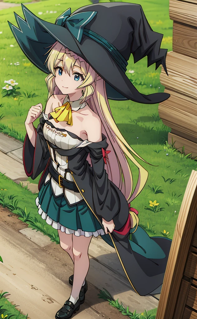 (masterpiece), (Best quality), (Very detailed), (high resolution), (8Khighres), (cel anime), (detailed beautiful face and eyes), (textile shading), (full body), grass field, aizawaazusa, very long hair, braid, small breasts, black coat, white shirt, strapless, yellow ascot, green skirt, witch hat, belt, beautiful breasts, happy, smile, standing, flying,,