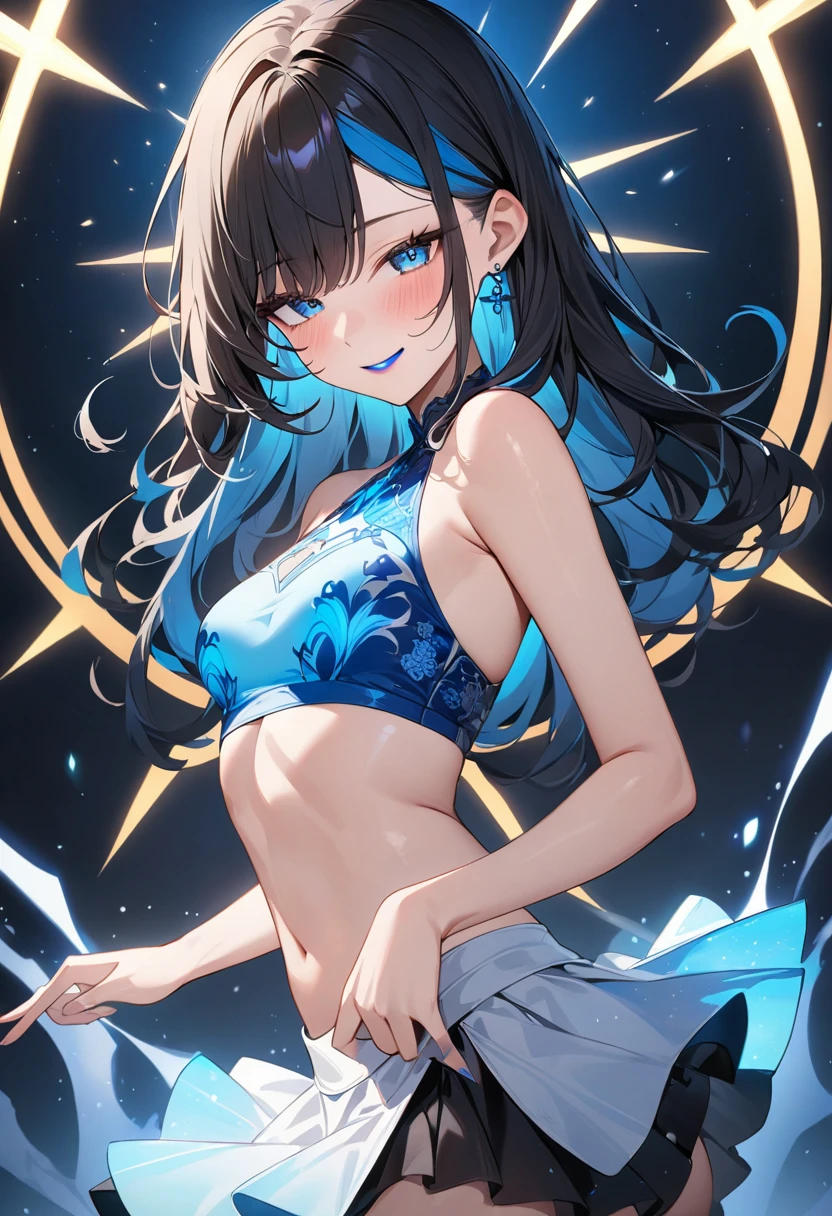 ((masterpiece)),((Highest quality)),High resolution,Extremely detailed CG,Perfect lighting,8k wallpaper、breast enhancement、looking at the camera、One Woman,Very long hair、Hiding one eye、Blue Eyes、Flat Chest、very thick legs、barefoot、smile、Fascinating face、Layered Black Curly Ponytail Hair, Voluminous Hair、Long Ahoge, Scrunchie Hair Tie, Blush Eyeshadow, Thick eyelashes, Blue body markings、Show your armpits、Raise your arms、bikini