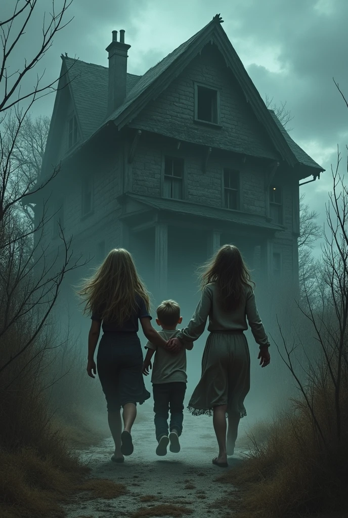 A short, dark-haired girl with a purple ring, very beautiful, A 10-year-old blonde boy with a green pearl necklace, a blond boy with freckles and a blue amulet necklace. They are all holding hands in front of an old, abandoned house and their expressions are filled with fear.