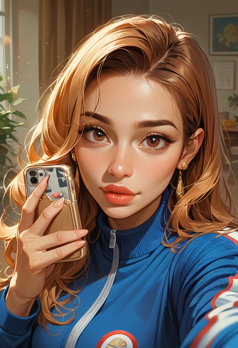 1 character, One girl, полу аниме в стиле hentai, hentai, dark-haired girl, brown eyes, big lips, sexy appearance, gold earrings on the ears, Latina, adult face, Grown up girl, anatomy, правильная anatomy, anatomical body, beautiful face, The right face. Without flaws, Best quality, Highest quality, 4K, 8k, portrait image, selfie, in a tracksuit, Latin American dance trainer, Latin American dance teacher,