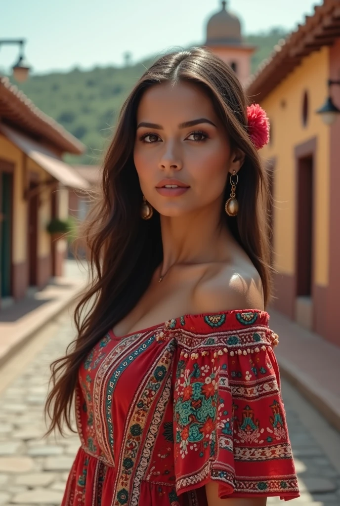 Mexican woman, light brown skin, small breasts, prominent hip