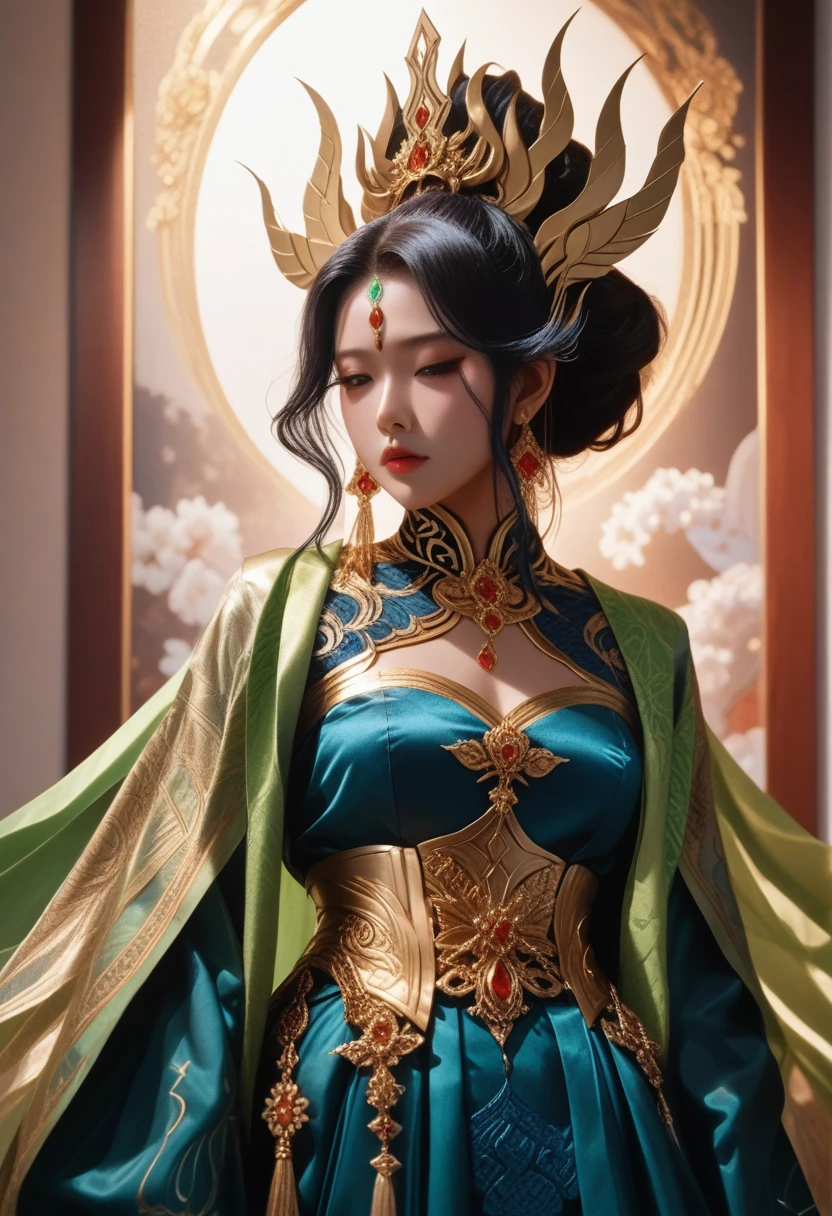 woman in blue dress with long green scarf, Beautiful picture of the character, beautiful fantasy empress, Ian J., style of ,  and ruan jia, extremely detailed , trending , . anime illustration, ruan jia and , inspired by Pu Hua,  detailed