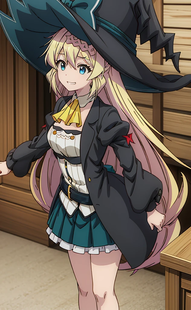 (masterpiece), (Best quality), (Very detailed), (high resolution), (8Khighres), (cel anime), (detailed beautiful face and eyes), (textile shading), (full body), grass field, aizawaazusa, very long hair, braid, small breasts, black coat, white shirt, strapless, yellow ascot, green skirt, witch hat, belt, beautiful breasts, happy, grin, standing, (spread arms), looking at viewer, looking down,,