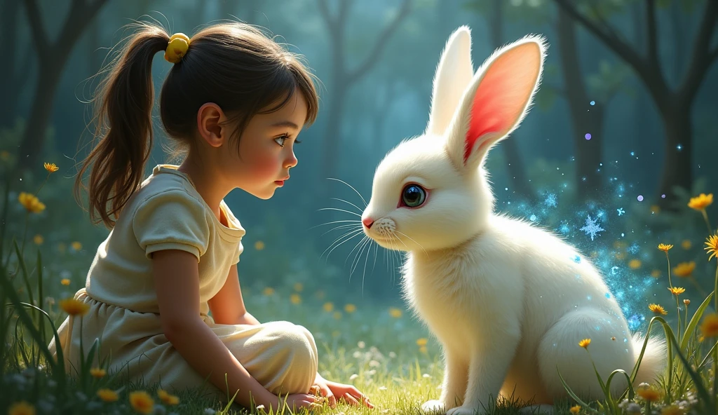 The little girl and the rabbit are standing, the girl has grown up, and the rabbit is fat --auto --s2