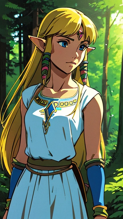 (Teens:1girl: princess zelda), (extremely detailed CG unit 8k wallpaper),(master part), (best quality), (ultra detail), (best illustration),(GHIBLI_Background), cowboy shot, (Sharp eyeliner, ombre, detailed eyes:1), forest, outdoor, ,break , (Deedlit), upper body, sksw, white dress, hair tubes, hair ribbon,