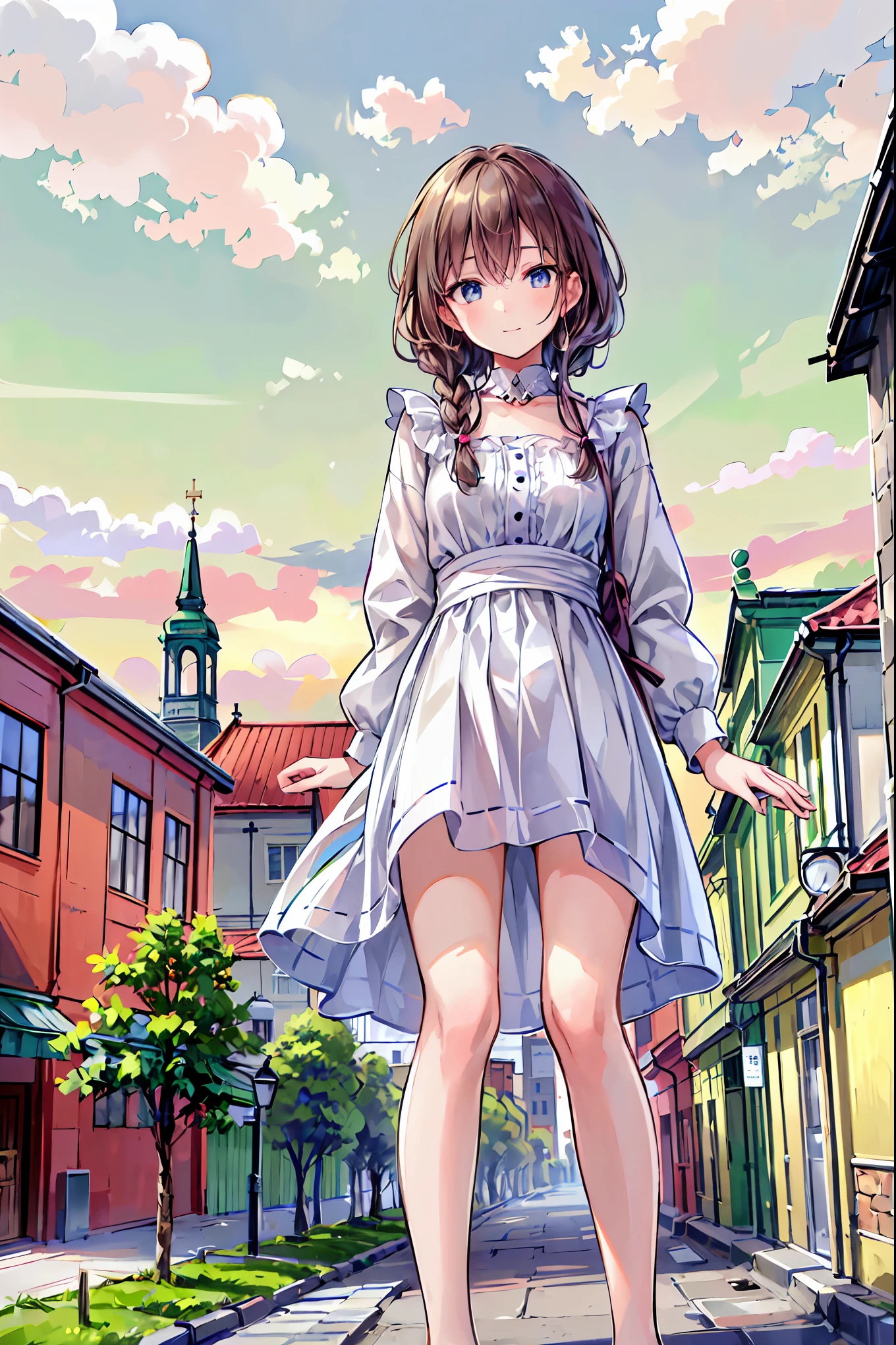 Anime girl in a short dress standing on a street - SeaArt AI