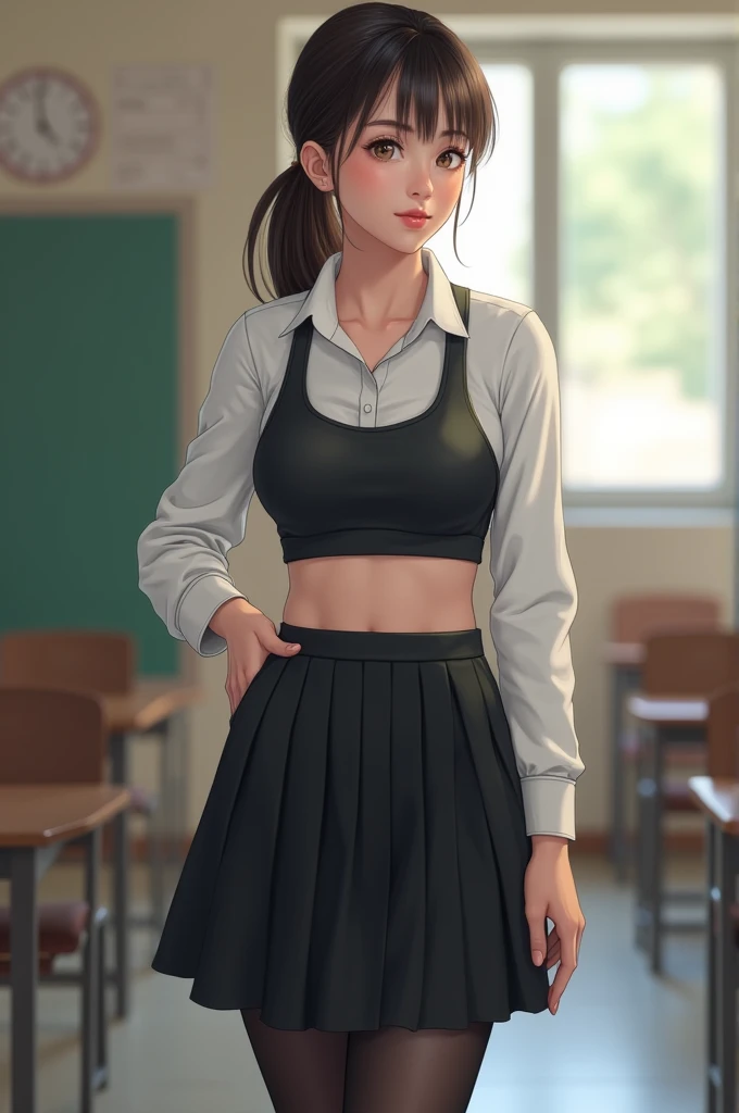 1girl, portrait of shot of re4ashley, athletic, black , white shirt, classroom, volumetric lighting, best quality, masterpiece, intricate details, tonemapping, sharp focus, hyper detailed, trending on Artstation, realistic,