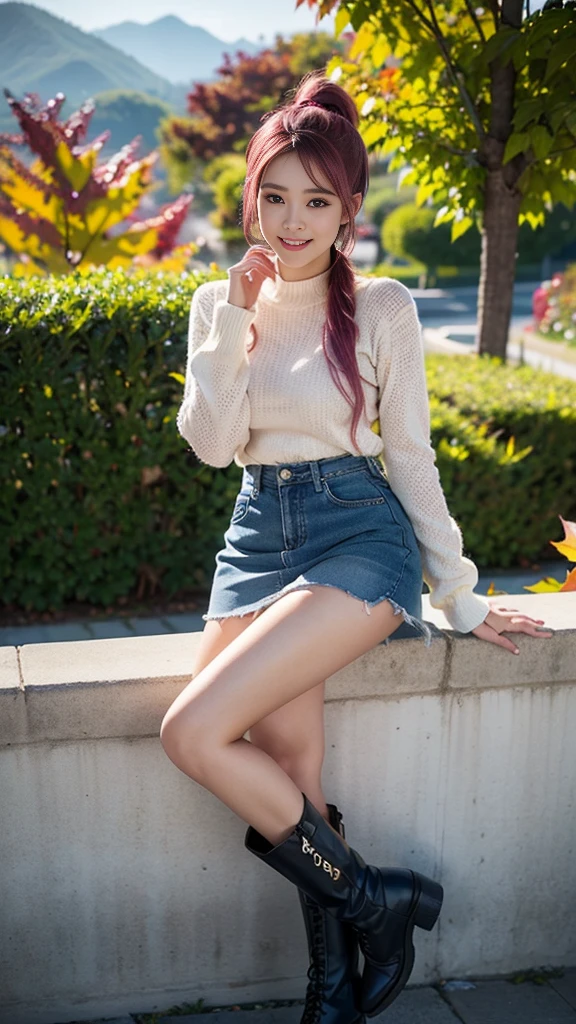 masterpiece, Ultra-high resolution, 4K, Best Quality, 1 person, ((whole body)), Beautiful and exquisite face, Beautiful, smooth skin, Skin Texture, 1, Baby Face, smile, autumn leaves, Mountain,sea, boots, Checkered mini skirt, Long sleeve shirt, Pink mesh hair, Semi-long hair, Side Ponytail, Drawing a picture