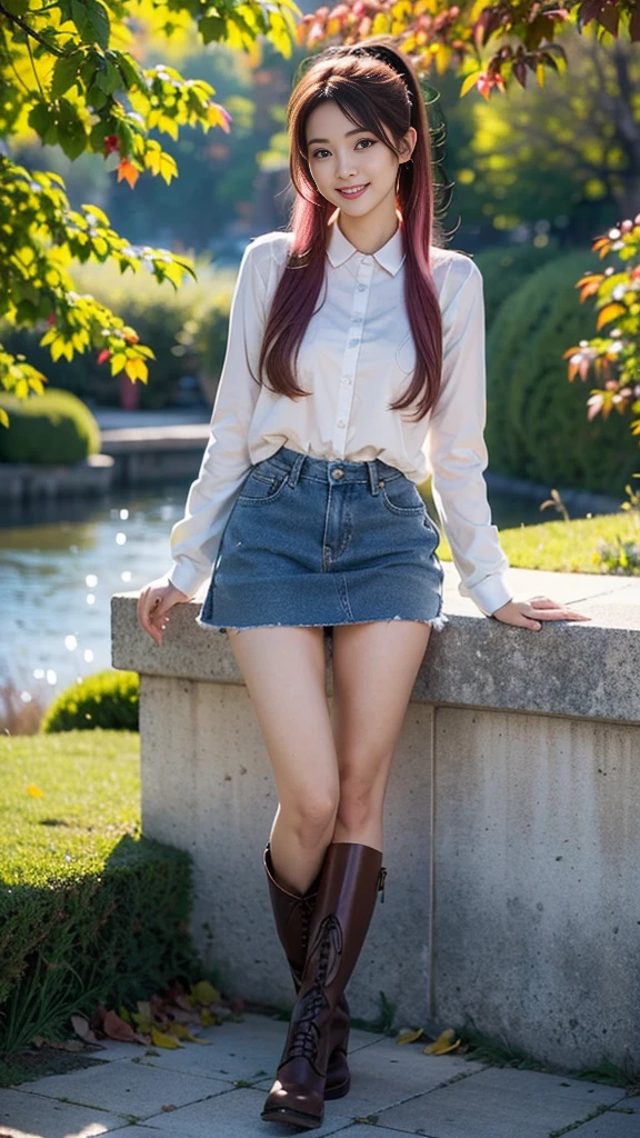 masterpiece, Ultra-high resolution, 4K, Best Quality, 1 person, ((whole body)), Beautiful and exquisite face, Beautiful, smooth skin, Skin Texture, 1, Baby Face, smile, autumn leaves, Mountain,sea, boots, Checkered mini skirt, Long sleeve shirt, Pink mesh hair, Semi-long hair, Side Ponytail, Drawing a picture