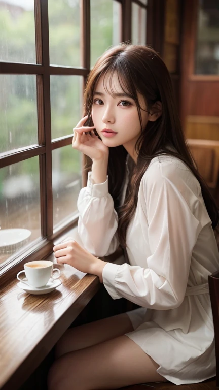 リアルBeauty、アジアBeauty、Brown Hair、Long Hair、Quiet cafe、Rain outside the window、Sitting staring at my phone、Beauty