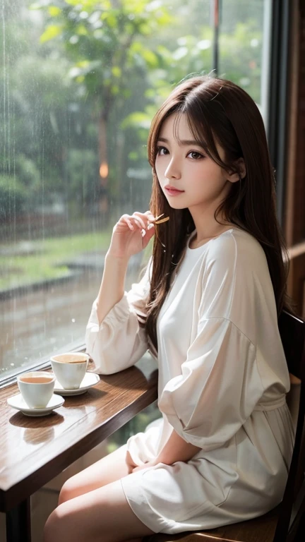 リアルBeauty、アジアBeauty、Brown Hair、Long Hair、Quiet cafe、Rain outside the window、Sitting staring at my phone、Beauty