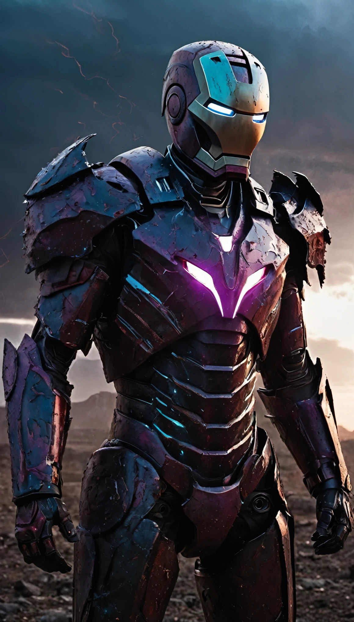 Marvel - Wolverine, close-up, brilliant lightning. He wears a mechanized robot armor, carved with animal elements, human skulls. The sky is filled with swirling, fiery clouds. Their eyes are filled with sadness and longing. The background is a trail of blood and violence. The photo conveys a strong sense of the warrior's appearance, afer winning the great battle to save the world. Photo taken with Canon EOS R5 85mm f/11, ((sharp)) mode of people and surrounding landscape. Image quality ((8K)), ((realistic)), ((masterpiece)), ((sharp and highest contrast)), ((amazing depth of field)), ((stereoscopic lighting)), ((Cinematic lighting))