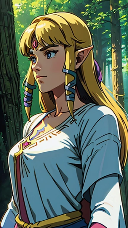 (Teens:1girl: princess zelda), (extremely detailed CG unit 8k wallpaper),(master part), (best quality), (ultra detail), (best illustration),(GHIBLI_Background), cowboy shot, (Sharp eyeliner, ombre, detailed eyes:1), forest, outdoor, ,break , (ninjascroll), upper body, sksw, white dress, hair tubes, hair ribbon,