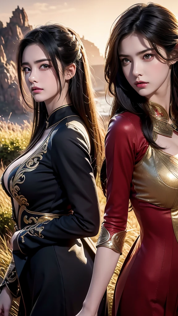 (Top quality,Ultra HD,lifelike: 1.4),Wearing black and gold short qipao,Black high heels,High Ponytail,Close-up shot of man holding two samurai swords,Beautiful armed girl, (K-Pop Idol) ,Detailed face,opposition,Perfect anatomy,Smooth skin,Professional lighting,Victory in battle,Smile of victory(background,beach,Destroyed buildings,Fire,Huge explosion) ) ,Full body close-up,For the audience