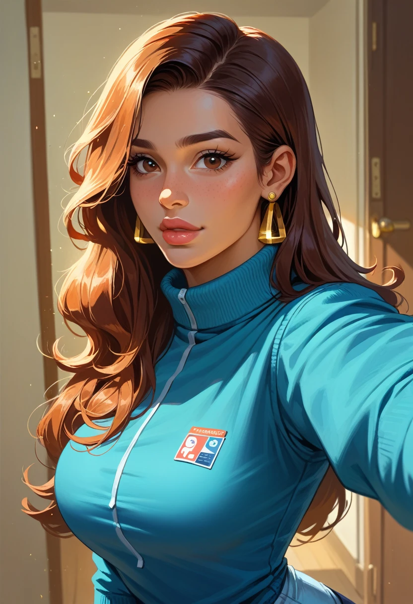 1 character, One girl, полу аниме в стиле hentai, hentai, dark-haired girl, brown eyes, big lips, sexy appearance, gold earrings on the ears, Latina, adult face, Grown up girl, anatomy, правильная anatomy, anatomical body, beautiful face, The right face. Without flaws, Best quality, Highest quality, 4K, 8k, portrait image, selfie, in a top and shorts, Latin American dance trainer, Latin American dance teacher,