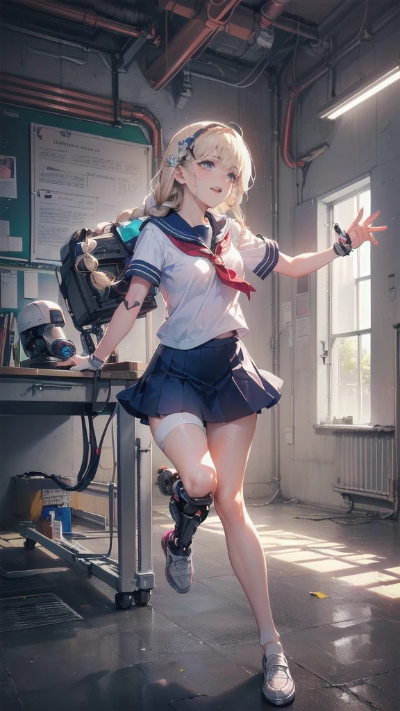 Full Body Shot,Perfect Eyes, Soft Light, high quality, 8k resolution, Masterpiece: Finely textured skin, Attention to detail, 最high quality, Awards, Very detailed, high quality,((Teenage Girls,Student Uniform,High school girl,Body 30％mechanical,Laugh naturally:1.35,The left leg is a prosthetic:1.25,His right arm is a complete prosthetic.,,Prosthetic arms and legs are futuristic,Soft looking lips,Glowing skin,Hair is braided,Hair Accessories,Soft-looking skin:1.25)),100 Meter Sprint:1.25,Running at full speed,I&#39;m good at running,Run with your thighs up,Long distance running,She wears shorts under her skirt:1.25,Raising smoke,Parkour in the schoolyard,Speed,shortness of breath,120%Run with the power of,Carrying a school bag,Sweat dripping all over my body,Wearing shorts under a skirt,汗が飛び散る,汗で髪が濡れてる,顔が赤くなってる,足で踏んだところに光の線が集る:1.25