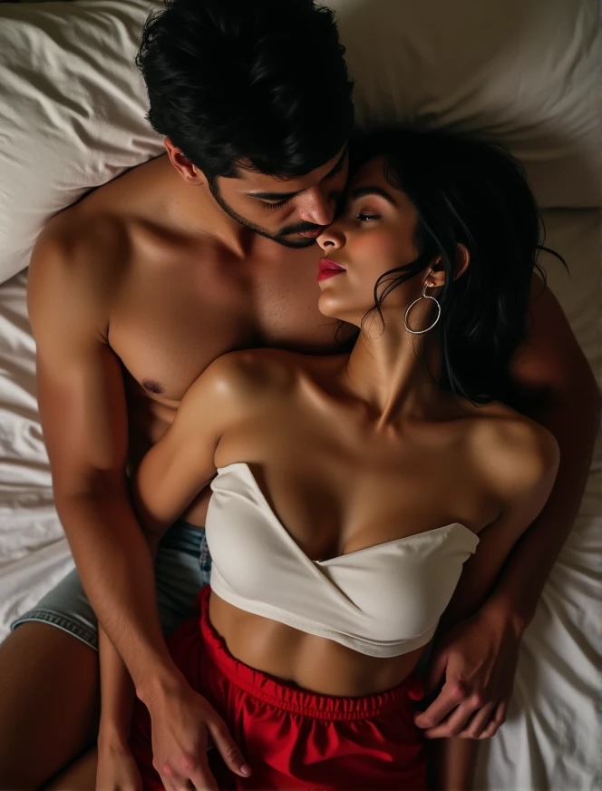 very high quality photo, a women on top sex scene, a woman from Indonesia is with a man in bed, naked, facing the camera, full body, realistic, cool visual effects, looks real and perfect, UHD 64K, very sweet