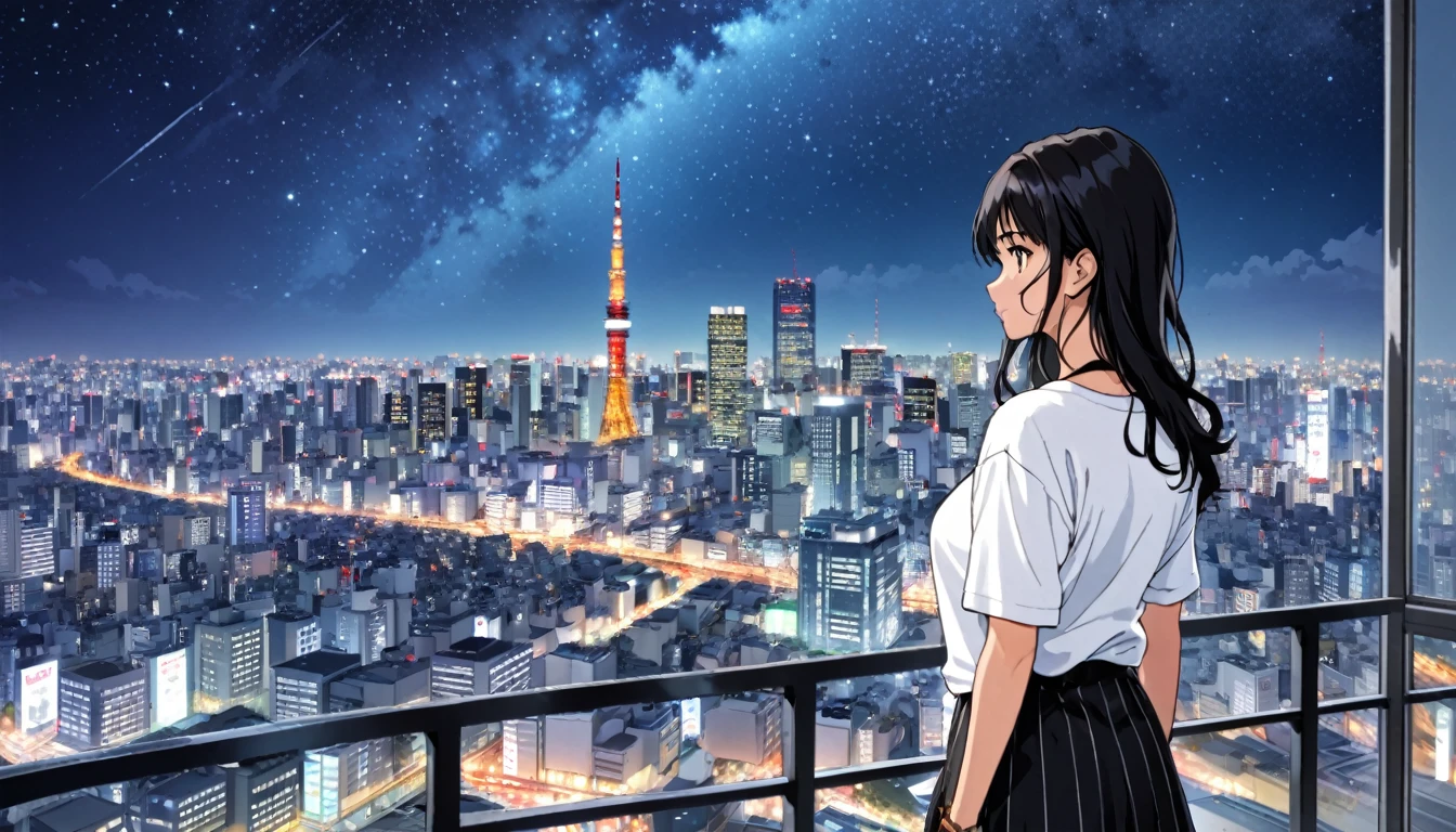 A black-haired woman looking out over the city of Tokyo,Night starry sky,Streetscape、listen to music、Japanese　Black Hair　Cleavage Skyscraper City　Wear a white Y-shirt