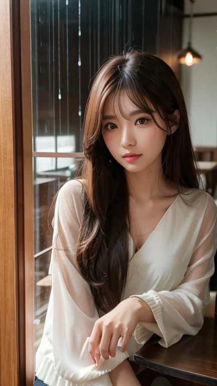 there is a woman with long hair sitting at a table, wan adorable korean face, shot on nikon z9, young adorable korean face, portrait of female korean idol, she has a cute expressive face, young cute wan asian face, captured on canon eos r 6, she has a cute face, shot on canon eos r 5, shot on canon eos r5