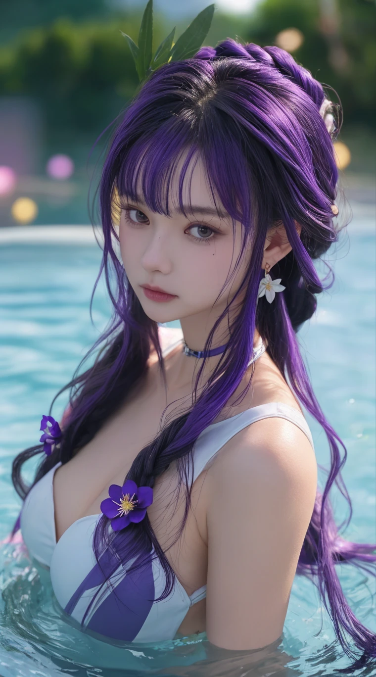 (Photorealistic: 1.2, With the highest quality, in 8K,Wetty:1.3 ), ( 20yr old, K-pop idol、 Wisteria pattern kimono, Sweat: 1.2, Wet:1.3、cleavage of the breast、poneyTail、Purple hair、 body builder:1.3), Fine skin, (Film Lighting), Soft light, Double eyelids, ((excited、A sexy、fullllbody、pheromone、laying down on the bed、Colossal tits:1.2))