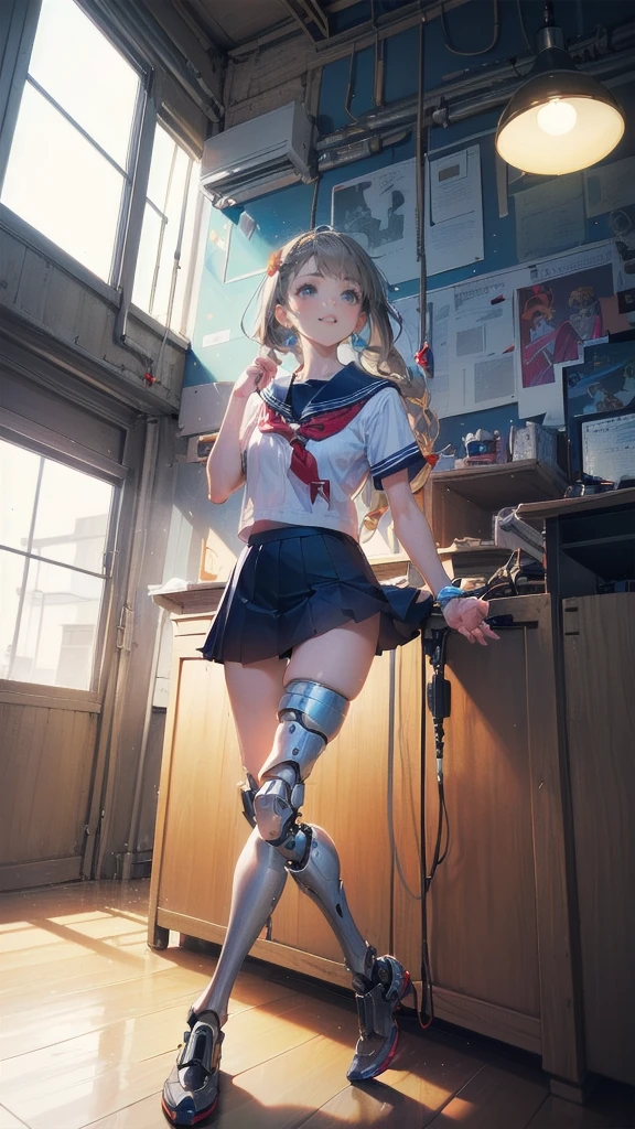 Full Body Shot,Perfect Eyes, Soft Light, high quality, 8k resolution, Masterpiece: Finely textured skin, Attention to detail, 最high quality, Awards, Very detailed, high quality,((Teenage Girls,Student Uniform,High school girl,Body 30％mechanical,Laugh naturally:1.35,The left leg is a prosthetic:1.25,His right arm is a complete prosthetic.,,Prosthetic arms and legs are futuristic,Soft looking lips,Glowing skin,Hair is braided,Hair Accessories,Soft-looking skin:1.25)),100 Meter Sprint:1.25,Running at full speed,I&#39;m good at running,Run with your thighs up,Long distance running,She wears shorts under her skirt:1.25,Raising smoke,Parkour in the schoolyard,Speed,shortness of breath,120%Run with the power of,Carrying a school bag,Sweat dripping all over my body,Wearing shorts under a skirt,Sweat splashes,My hair is wet with sweat,Your face is red,Lines of rainbow light gather wherever you step.:1.25