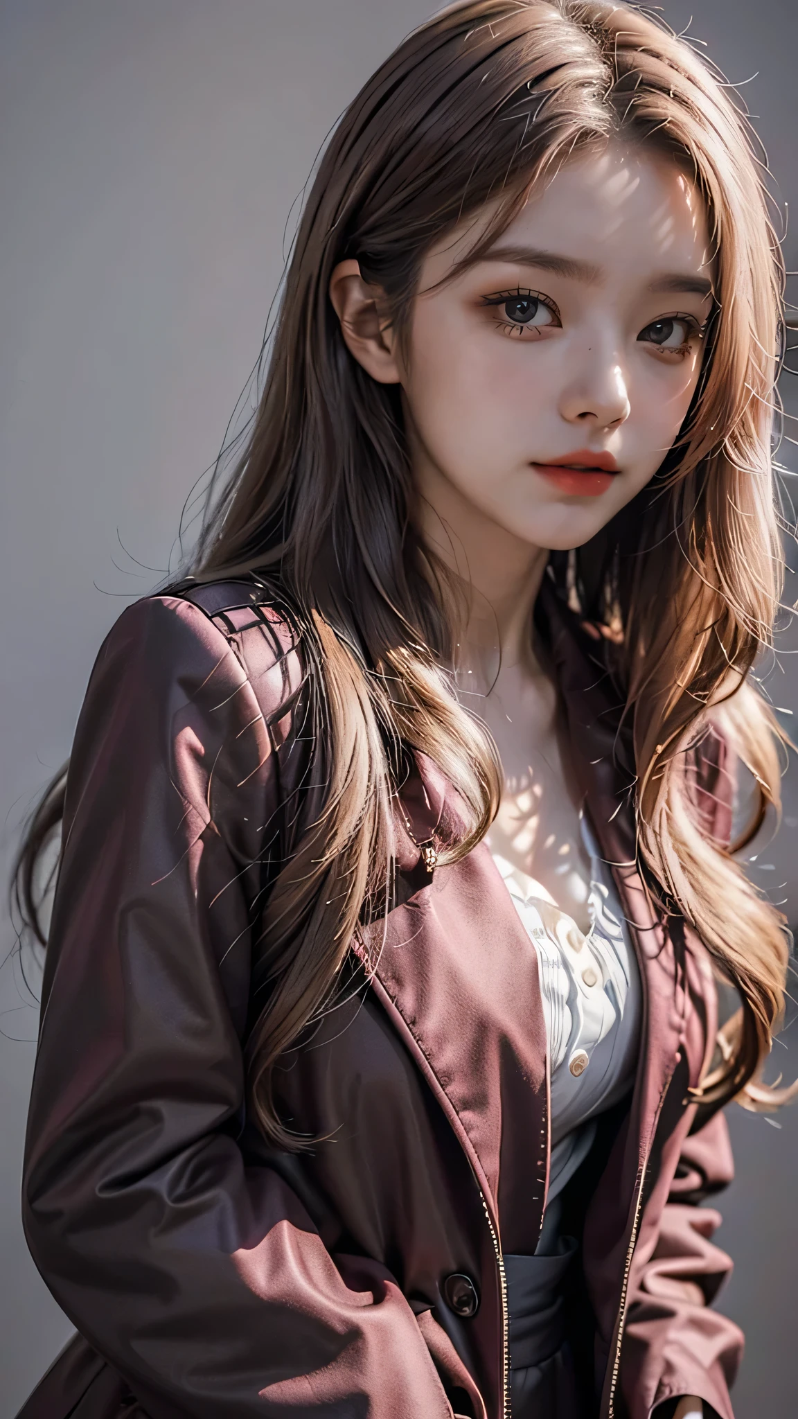 Super detailed close-up of women,1.4x fidelity,Super big breasts,HD clear,The resolution is very high,Wearing a burgundy leather jacket,Long hair shawls like waterfalls,Pour in the fresh lemon tea