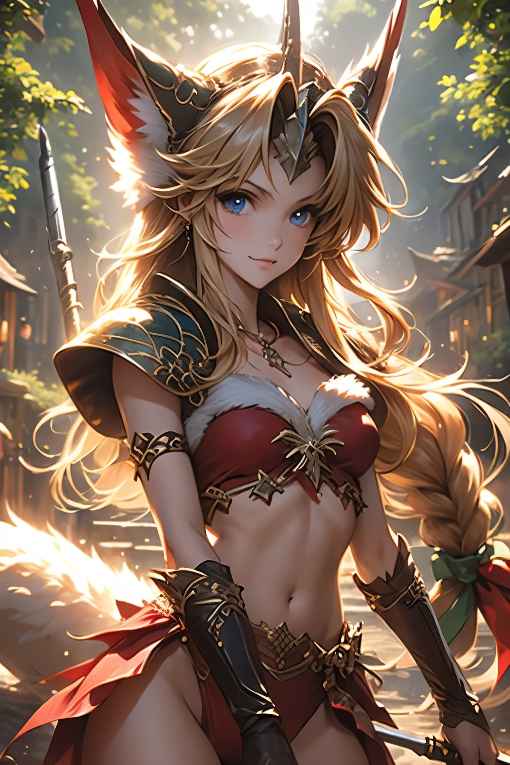 （（（ＳＦＷ、sound、Highest quality、first-clasasterpiece、Normal body、8k、Detailed face、Ultra-precision、Normal hand、Normal finger、５finger、Highest）））、Secret of Mana 3、lease、Class 3、Fenrir Knight、Blonde、Long Hair、Straight Hair、Hair ribbon、Red fur bikini、Red high leg bikini、Long Spear、Combat Ready