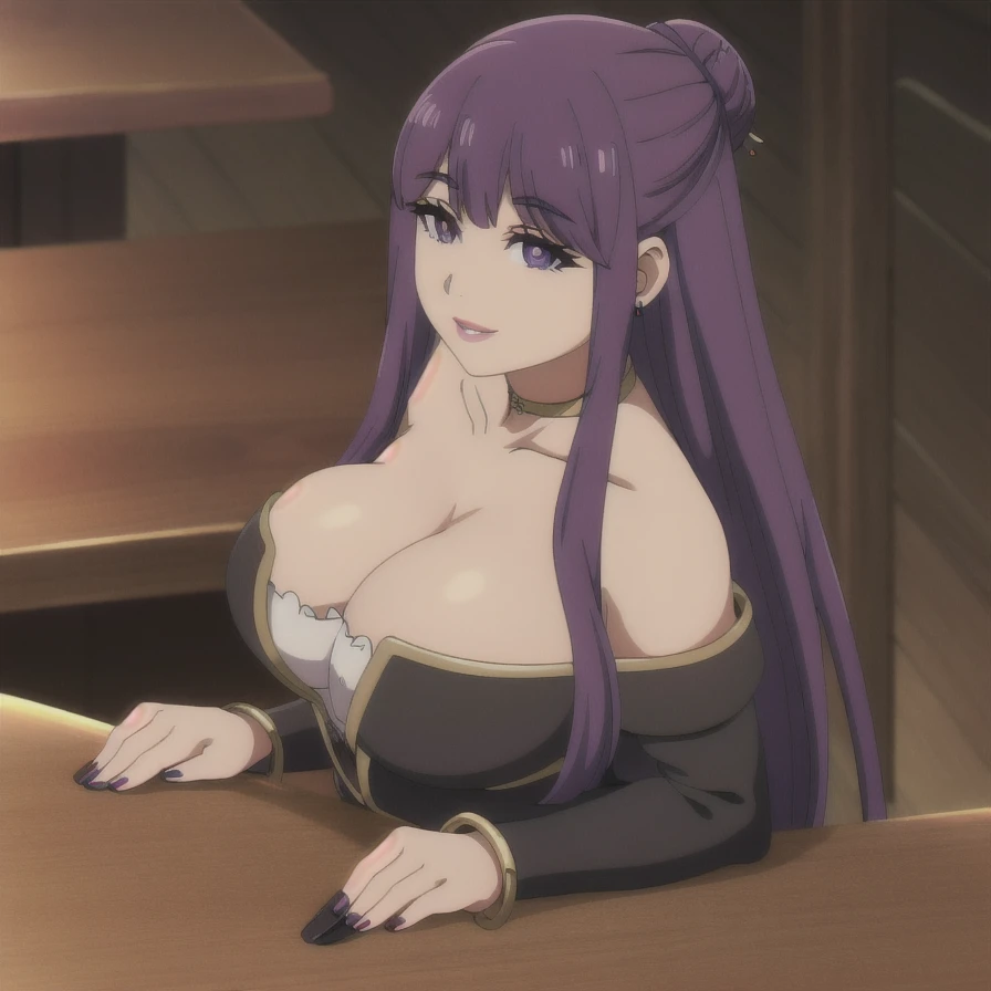 Fern,Big breast,Cleavage,strapless thin mage outfit with cleavage,Chocker,Bun hair,vertical bar shape earring,gaze to viewer,Half eyes open,Tavern background,Hitozuma,silver hoop bracelet,Mature,colorless lips,eyeshadow,Long nail,Smile,in bar counter,necklace,Purple hair