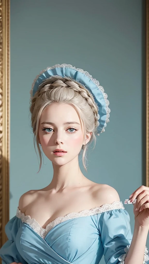 4K, Masterpiece, highres, absurdres,
1girl, solo, looking at viewer, simple background, gloves, dress, ribbon, jewelry, hair ribbon, braid, white hair, parted lips, necklace, grey eyes, makeup, pink background, portrait, lace, eyeshadow, realistic, pearl necklace, lace gloves, with edgMarquise hairstyle,face focus, face shot, portrait
<lora:edgMarquise:1>
