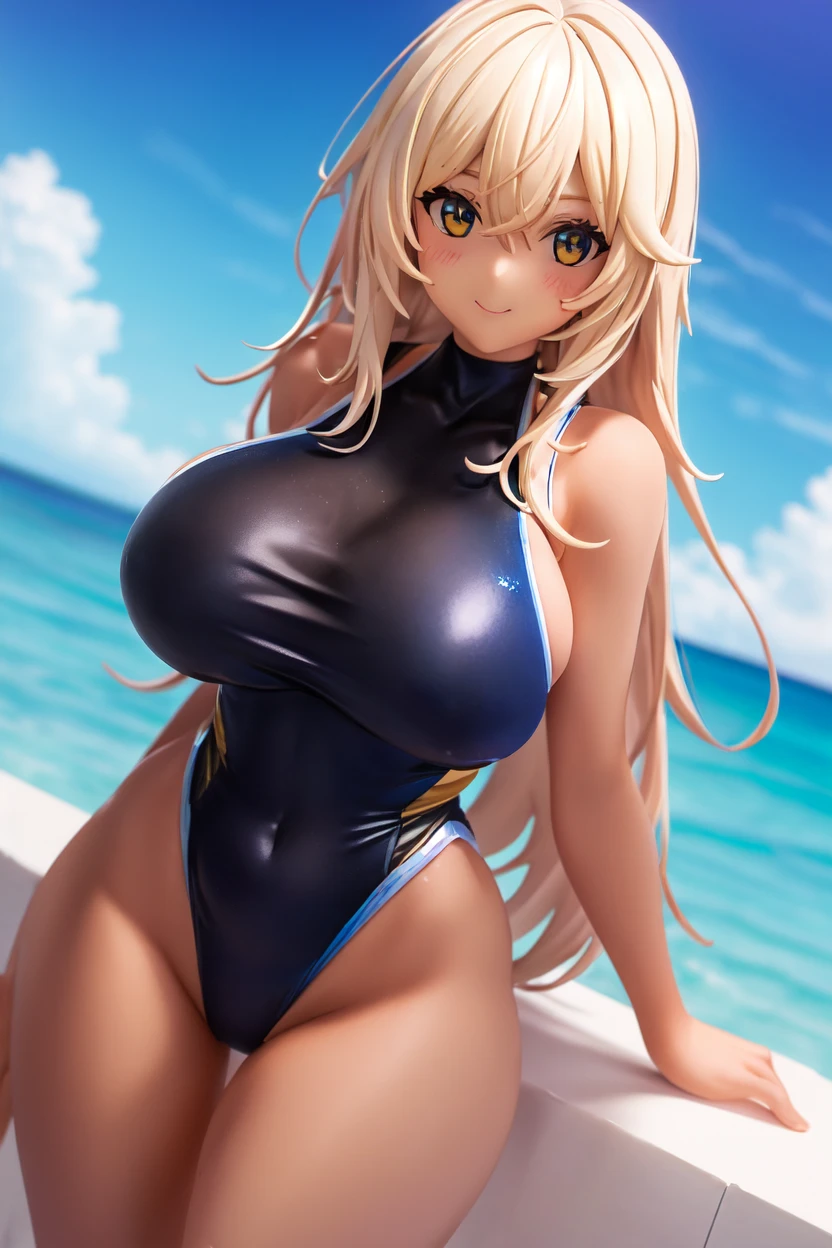 Mysterious heroine XX,Swimwear,Big Breasts,Blonde hair and blue eyes,Lying on the floor expressionless,Mouth slightly open,Plump thighs,