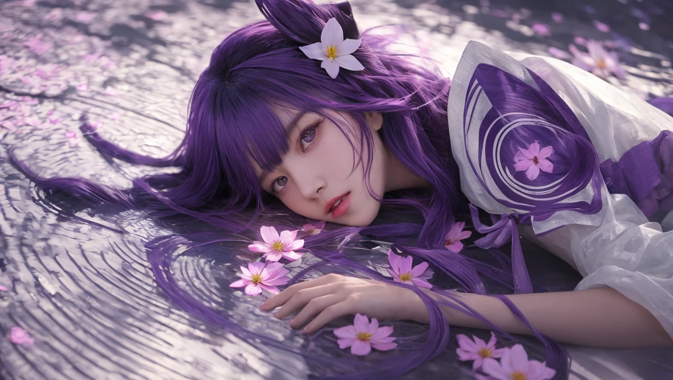 purple haired girl laying on a bed of flowers with her eyes closed, artwork in the style of guweiz, guweiz, guweiz on artstation pixiv, guweiz on pixiv artstation, anime style. 8k, anime style 4 k, beautiful fantasy anime, trending on cgstation, purple aethetic, smooth anime cg art