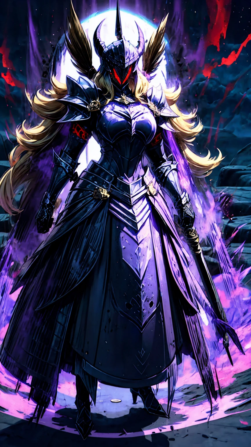 Blonde white girl with red glowing eyes, lighting,serious expression, female knight armor ,hair flowing in the wind , wearing knight helmet , raising right eyebrow, lip filler, six pack abs, badass , holding a sword, medivel castle , full body shot, 1sword,lighting, badass walk towards camera, night, leaking purple ki  around her , evil smirk, covered mouth 