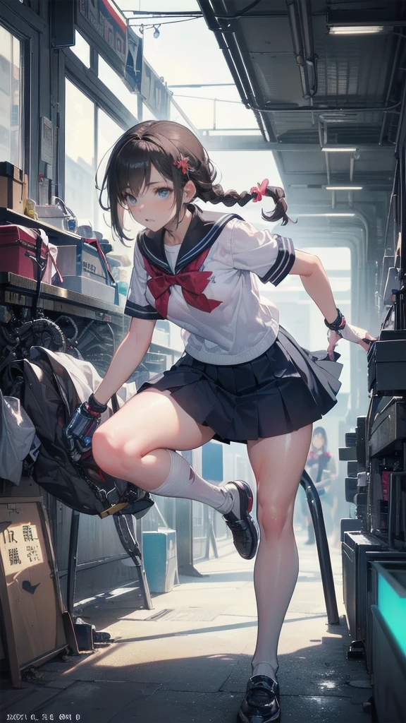 Full Body Shot,Perfect Eyes, Soft Light, high quality, 8k resolution, Masterpiece: Finely textured skin, Attention to detail, 最high quality, Awards, Very detailed, high quality,(( Girls,Student Uniform,High school girl,Body 30％mechanical,Laugh naturally:1.35,The left leg is a prosthetic:1.25,His right arm is a complete prosthetic.,,Prosthetic arms and legs are futuristic,Soft looking lips,Glowing skin,Hair is braided,Hair Accessories,Soft-looking skin:1.25)),100 Meter Sprint:1.25,Running at full speed,I&#39;m good at running,Run with your thighs up,Long distance running,She wears shorts under her skirt:1.25,Raising smoke,Parkour in the schoolyard,Speed,shortness of breath,120%Run with the power of,Carrying a school bag,Sweat dripping all over my body,Wearing shorts under a skirt,汗が飛び散る,汗で髪が濡れてる,顔が赤くなってる,足で踏んだところに光の線が集る:1.25