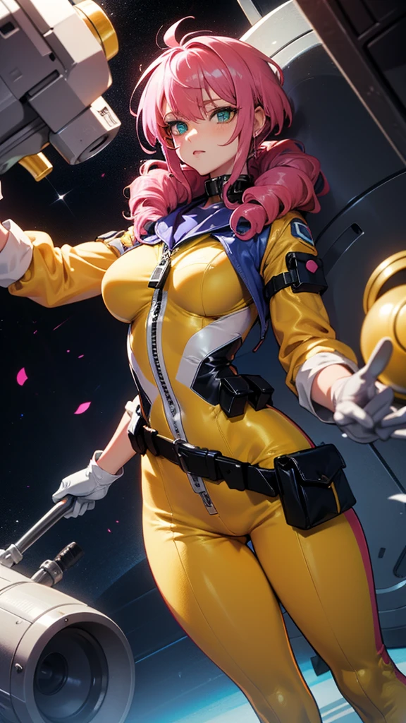 masterpiece of the highest quality, One girl, Short Hair, Drill Hair, Pink Platinum Hair, Yellow space suit, white collar, Grey Gloves, Narrow waist, Wide Hips,