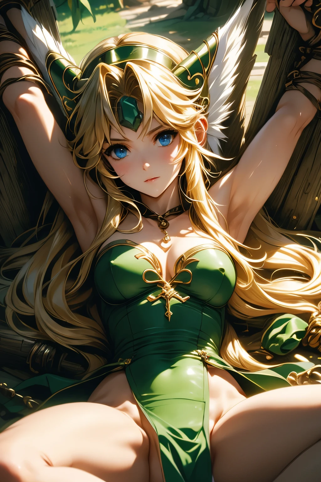 （（（ＳＦＷ、sound、Highest quality、first-clasasterpiece、Normal body、8k、Detailed face、Ultra-precision、Normal hand、Normal finger、５finger、Highest）））、Secret of Mana 3、lease、Amazoness、Blonde、Long Hair、Straight Hair、Hair ribbon、Green leotard、Slit Skirt、defeat、Constraints、Bondage、CrossBondage、ChainBondage、Open your arms and bind、Spread your legs and bind