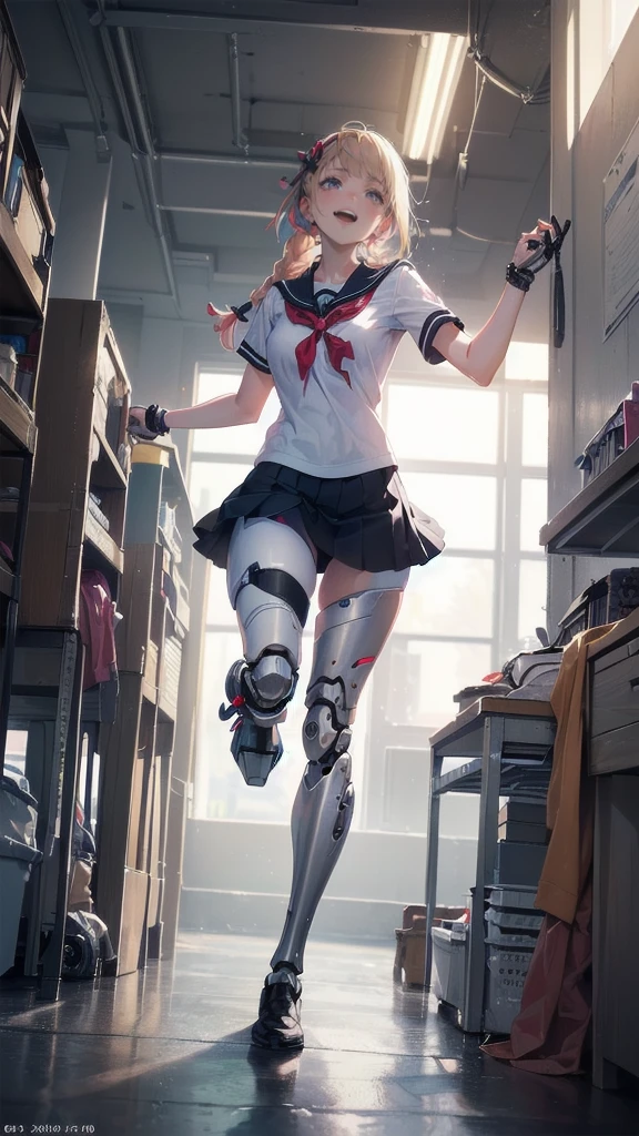 Full Body Shot,Perfect Eyes, Soft Light, high quality, 8k resolution, Masterpiece: Finely textured skin, Attention to detail, 最high quality, Awards, Very detailed, high quality,((Teenage Girls,Student Uniform,High school girl,Body 30％mechanical,Laugh naturally:1.35,The left leg is a prosthetic:1.25,His right arm is a complete prosthetic.,,Prosthetic arms and legs are futuristic,Soft looking lips,Glowing skin,Hair is braided,Hair Accessories,Soft-looking skin:1.25)),100 Meter Sprint:1.25,Running at full speed,I&#39;m good at running,Run with your thighs up,Long distance running,She wears shorts under her skirt:1.25,Raising smoke,Parkour in the schoolyard,Speed,shortness of breath,120%Run with the power of,Carrying a school bag,Sweat dripping all over my body,Wearing shorts under a skirt,汗が飛び散る,汗で髪が濡れてる,顔が赤くなってる,足で踏んだところに光の線が集る:1.25