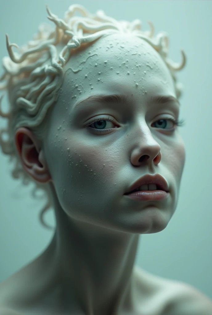 An awe-inspiring cinematic photograph that captures a never-before-seen dual organic female albino creature, a mesmerizing hybrid of a new species and a mollusk. The creature's semi-transparent white flesh reveals a blend of human and mollusk features, with a hint of otherworldly beauty. Her half-formed body is intricately adorned with golden hair and freckles, creating a striking contrast against her ethereal form. The transparent suit she wears exposes her fascinating half-woman, half-alien insides, inviting the viewer into a world of untold mysteries and wonders., cinematic, photo, dark fantasy, conceptual art